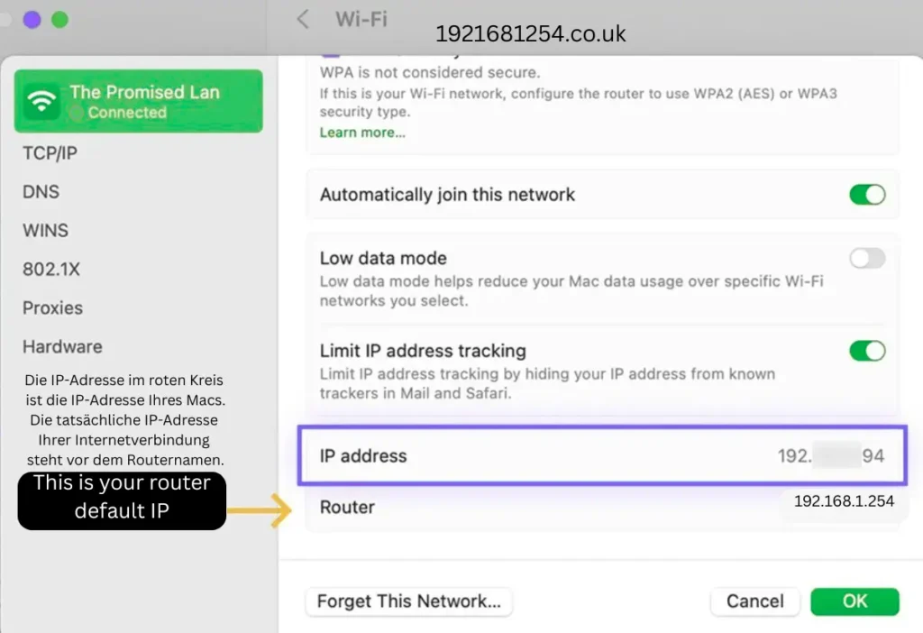how to find the ip address through ios or macos 192.168.l.254